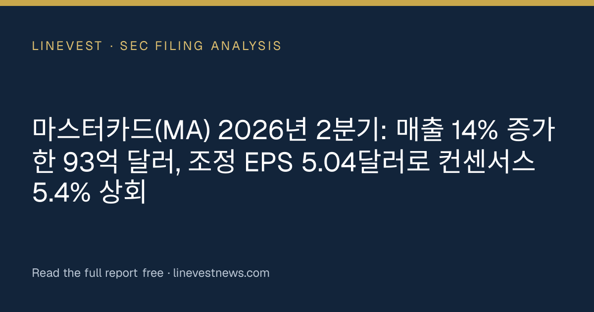 마스터카드(MA) 2026년 2분기: 매출 14% 증가한 93억 달러, 조정 EPS 5.04달러로 컨센서스 5.4% 상회