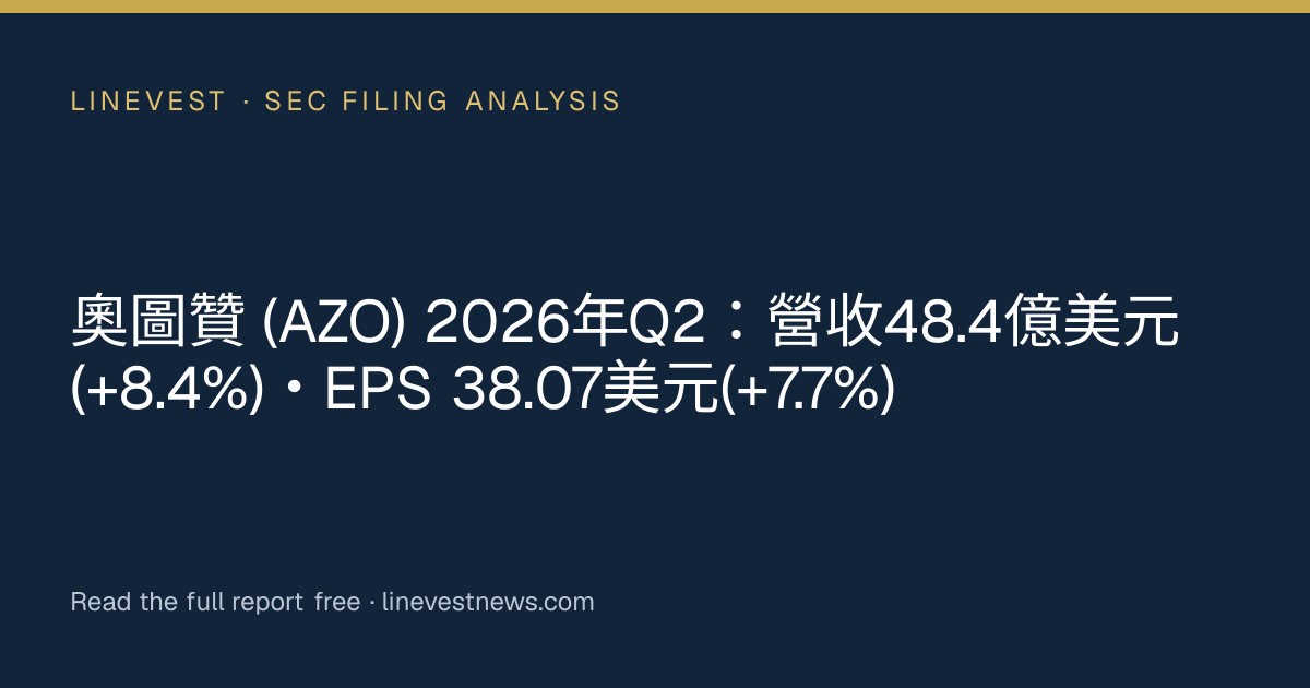 奧圖贊 (AZO) 2026年Q2：營收48.4億美元(+8.4%)・EPS 38.07美元(+7.7%)