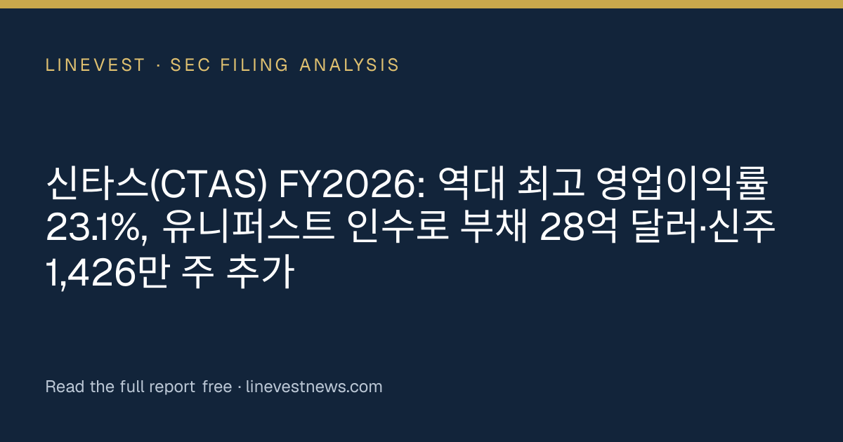 신타스(CTAS) FY2026: 역대 최고 영업이익률 23.1%, 유니퍼스트 인수로 부채 28억 달러·신주 1,426만 주 추가