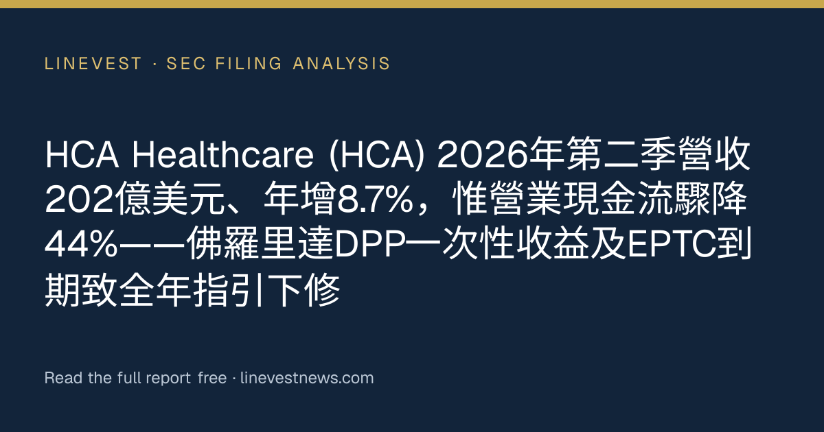 HCA Healthcare (HCA) 2026年第二季營收202億美元、年增8.7%，惟營業現金流驟降44%——佛羅里達DPP一次性收益及EPTC到期致全年指引下修