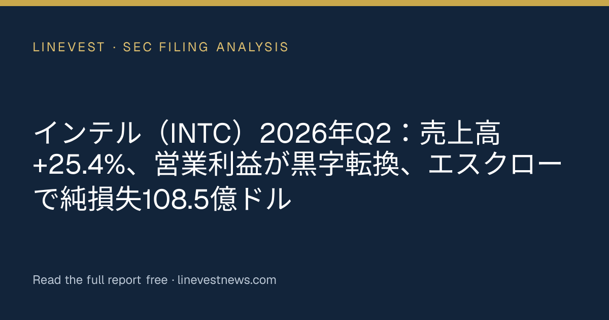 インテル（INTC）2026年Q2：売上高+25.4%、営業利益が黒字転換、エスクローで純損失108.5億ドル