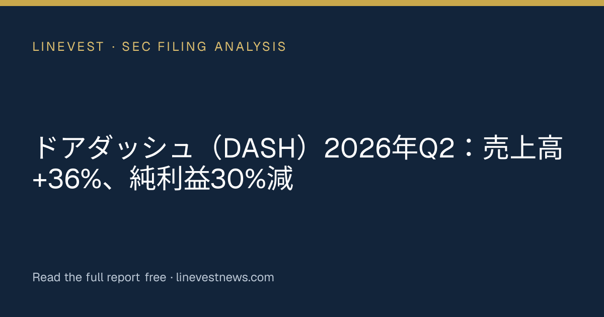 ドアダッシュ（DASH）2026年Q2：売上高+36%、純利益30%減