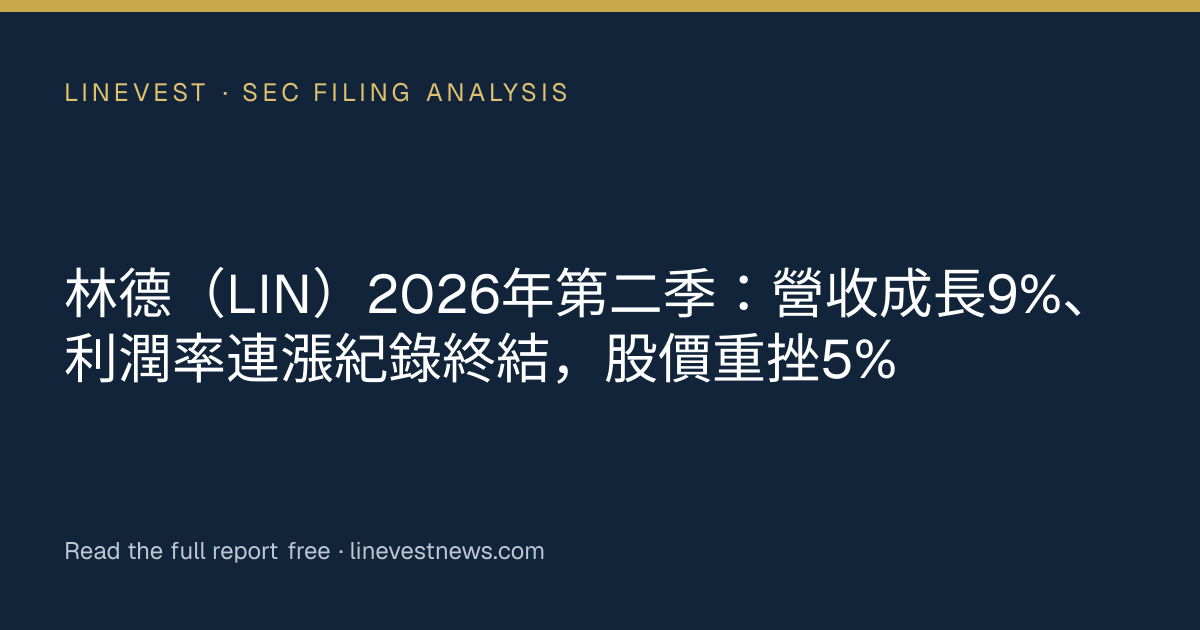 林德（LIN）2026年第二季：營收成長9%、利潤率連漲紀錄終結，股價重挫5%