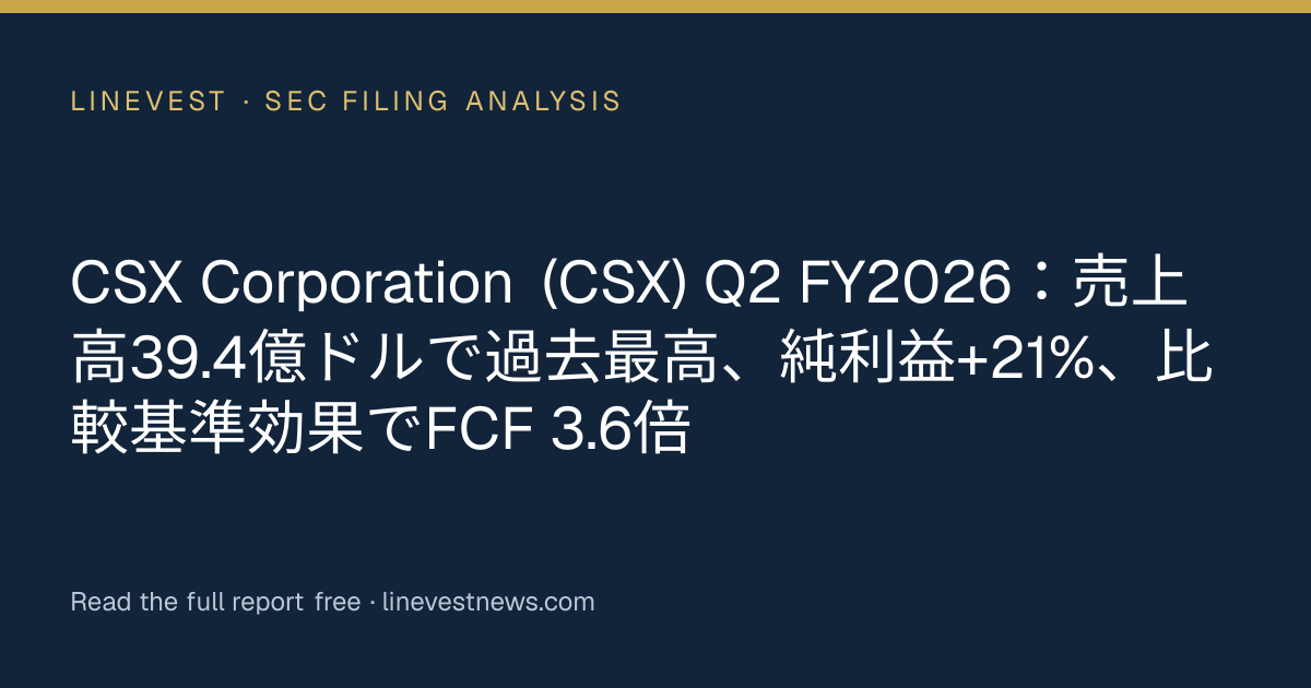 CSX Corporation (CSX) Q2 FY2026：売上高39.4億ドルで過去最高、純利益+21%、比較基準効果でFCF 3.6倍