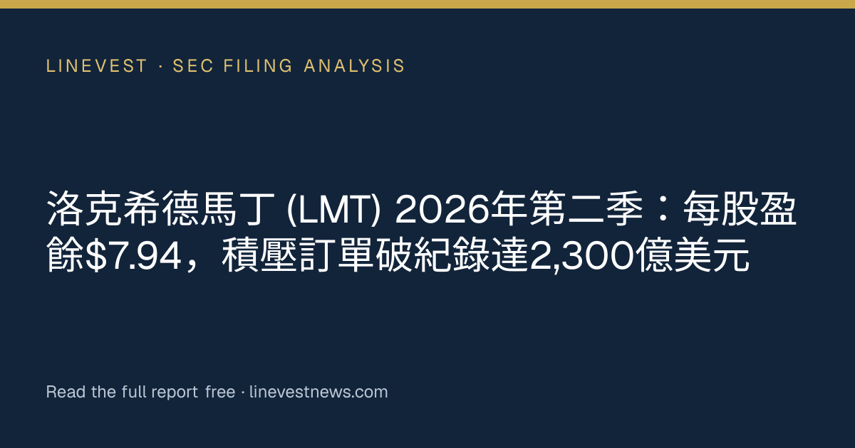 洛克希德馬丁 (LMT) 2026年第二季：每股盈餘$7.94，積壓訂單破紀錄達2,300億美元