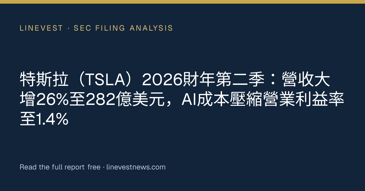 特斯拉（TSLA）2026財年第二季：營收大增26%至282億美元，AI成本壓縮營業利益率至1.4%
