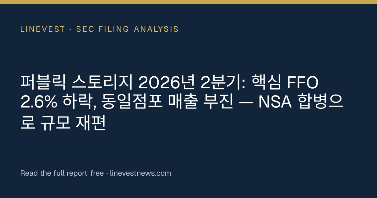 퍼블릭 스토리지 2026년 2분기: 핵심 FFO 2.6% 하락, 동일점포 매출 부진 — NSA 합병으로 규모 재편