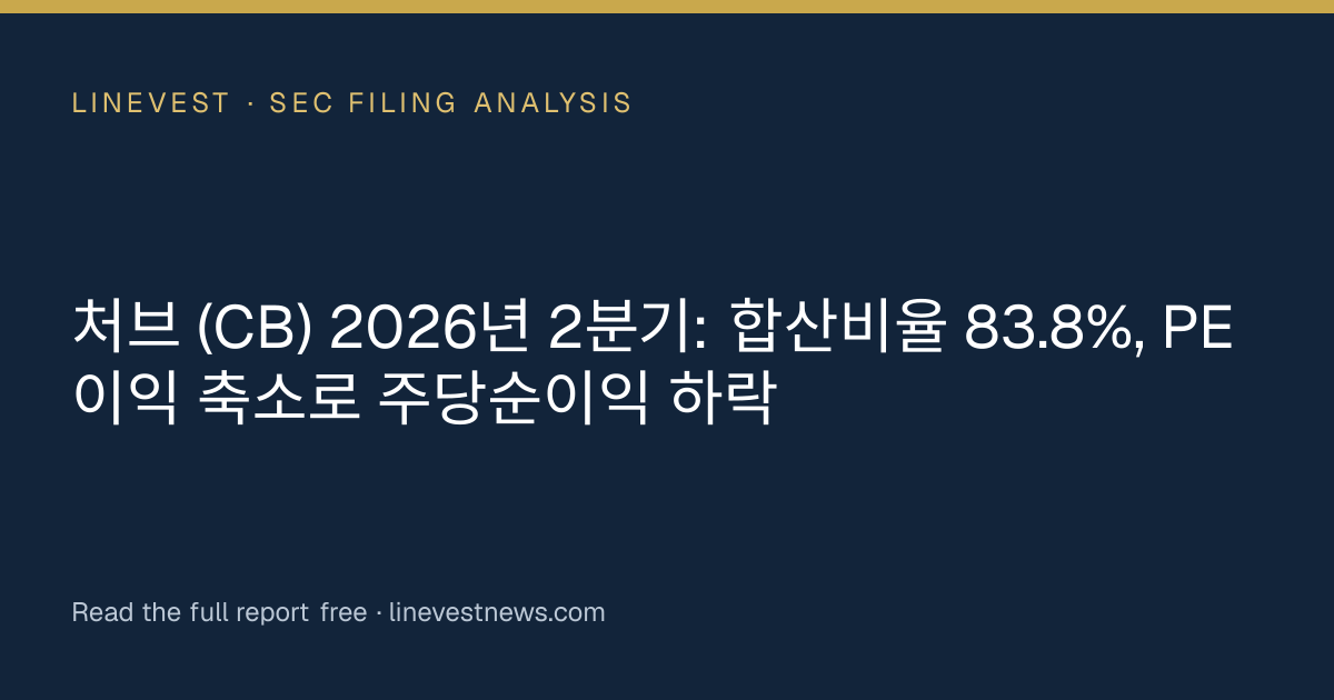 처브 (CB) 2026년 2분기: 합산비율 83.8%, PE 이익 축소로 주당순이익 하락