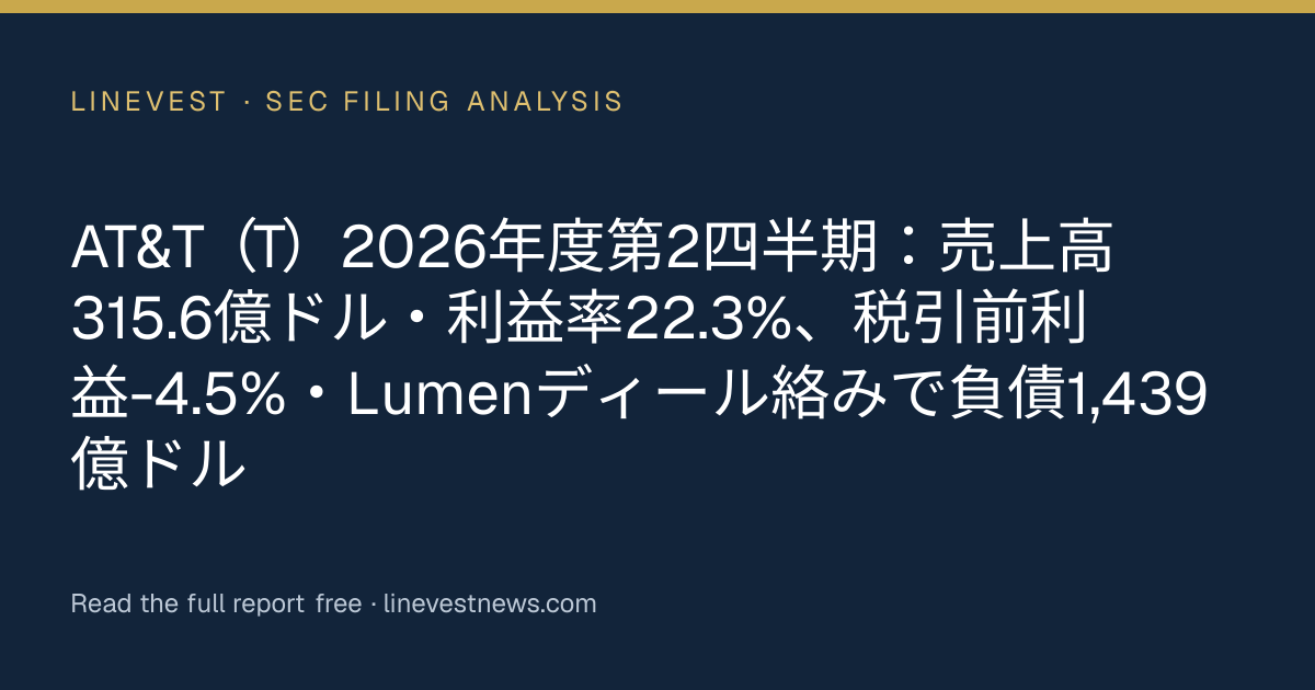 AT&T（T）2026年度第2四半期：売上高315.6億ドル・利益率22.3%、税引前利益-4.5%・Lumenディール絡みで負債1,439億ドル