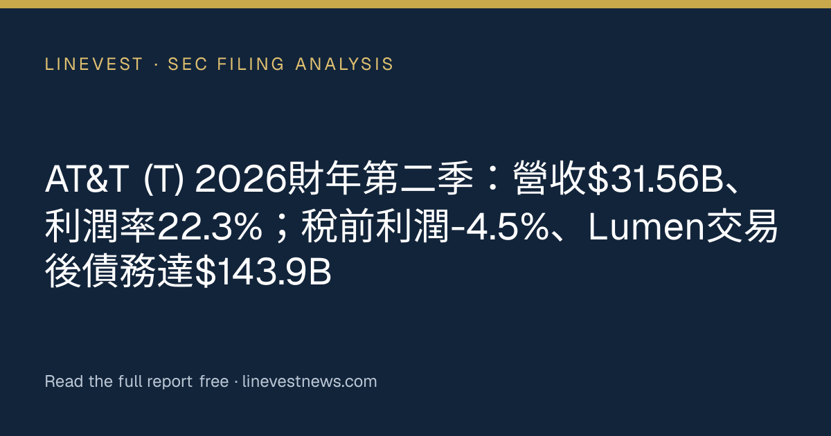 AT&T (T) 2026財年第二季：營收$31.56B、利潤率22.3%；稅前利潤-4.5%、Lumen交易後債務達$143.9B