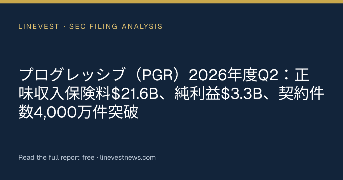 プログレッシブ（PGR）2026年度Q2：正味収入保険料$21.6B、純利益$3.3B、契約件数4,000万件突破