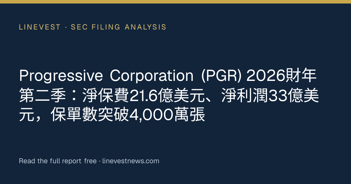 Progressive Corporation (PGR) 2026財年第二季：淨保費21.6億美元、淨利潤33億美元，保單數突破4,000萬張