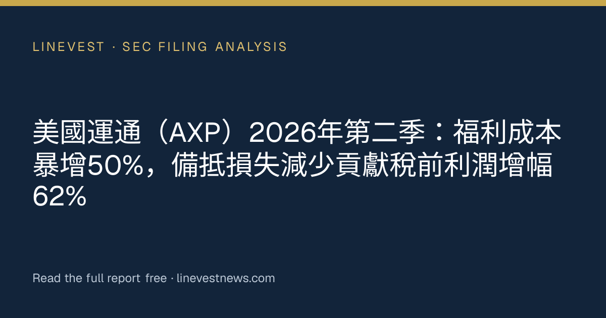 美國運通（AXP）2026年第二季：福利成本暴增50%，備抵損失減少貢獻稅前利潤增幅62%
