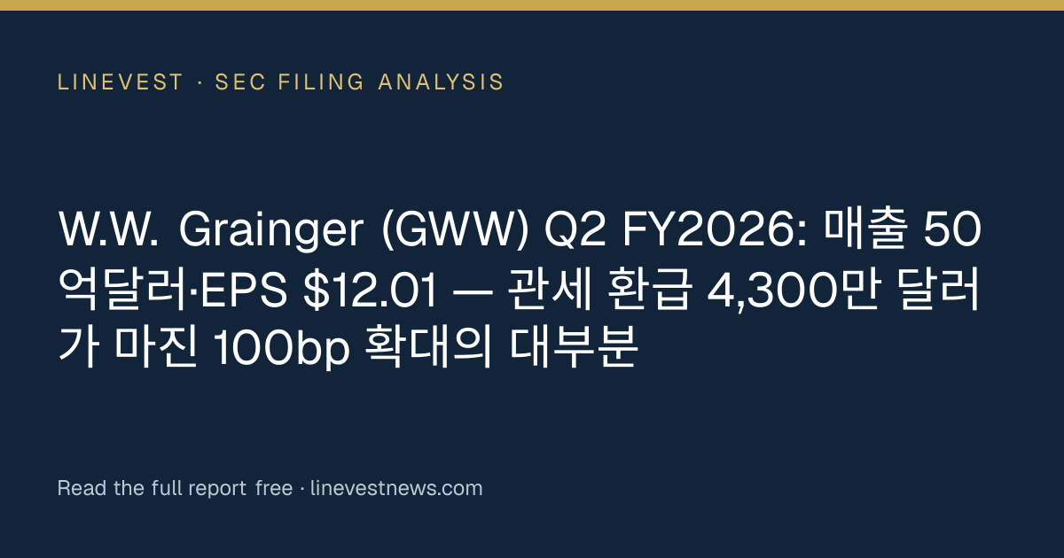 W.W. Grainger (GWW) Q2 FY2026: 매출 50억달러·EPS $12.01 — 관세 환급 4,300만 달러가 마진 100bp 확대의 대부분